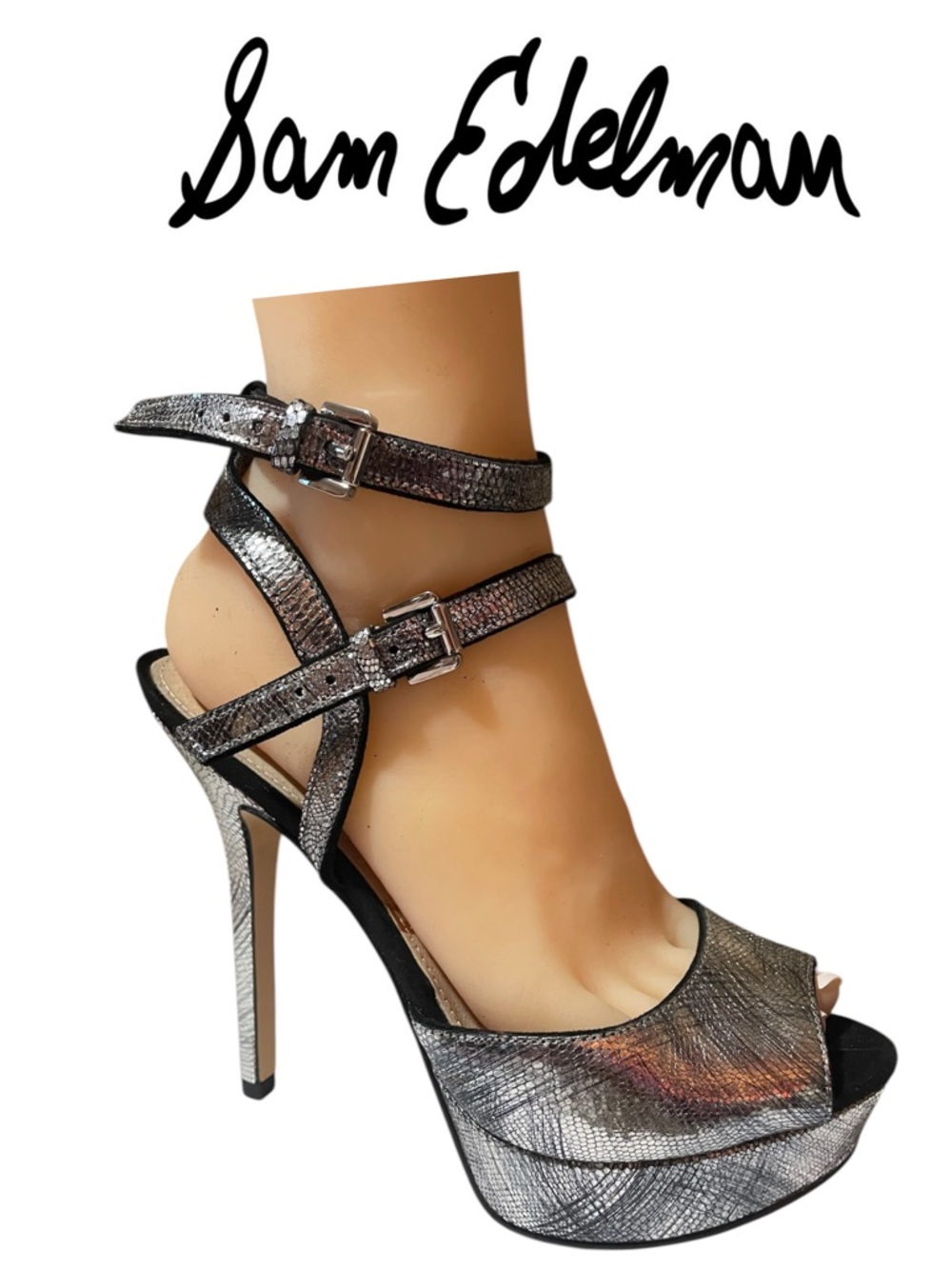 Sam Edelman Metallic Pewter Strappy Platform Heel